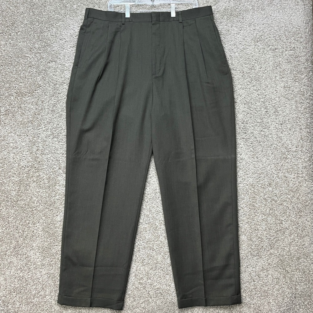 Slates Dress Pants Mens 40x32 Olive Green Straight Leg Pleated Cuffed Wool EUC